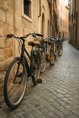 Bicycles parked along a charming cobblestone alleyway