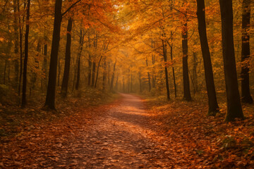 Obraz premium Serene autumn pathway through vibrant forest filled with leaves