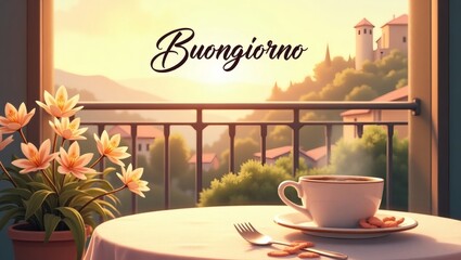 Sunny Morning Scene with Coffee on a Balcony Overlooking an Italian Town – Soft Golden Light, Flowers on the Table, Cozy and Peaceful Atmosphere, High-Resolution Illustration with ‘Buongiorno’ Text in