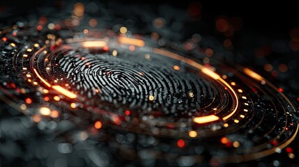 Futuristic biometric technology design concept with glowing fingerprint and digital ID scan elements in dark setting