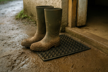 Muddy rubber boots placed on a doormat in doorway