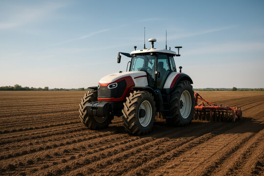 Modern tractor plowing soil in agricultural field on sunny day - Powered by Adobe