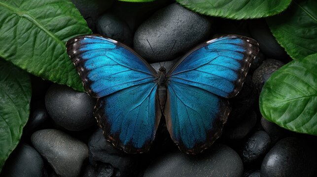 Vibrant blue morpho butterfly centered, wings spread wide, resting on dark stones surrounded by lush green leaves