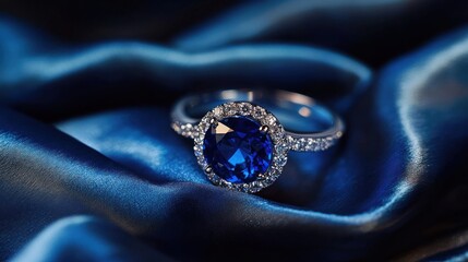 Beautiful blue sapphire ring on luxurious blue fabric