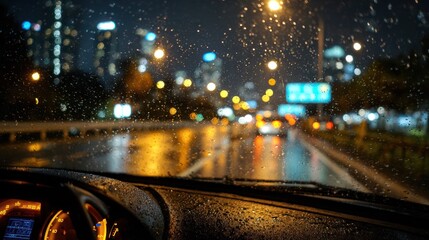 At night in the city, driving through the rain mottled windshield, the street lights blurred into a golden sphere. A quiet journey through this brightly lit city.