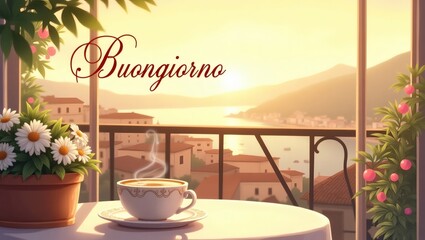 Sunny Morning Scene with Coffee on a Balcony Overlooking an Italian Town – Soft Golden Light, Flowers on the Table, Cozy and Peaceful Atmosphere, High-Resolution Illustration with ‘Buongiorno’ Text in