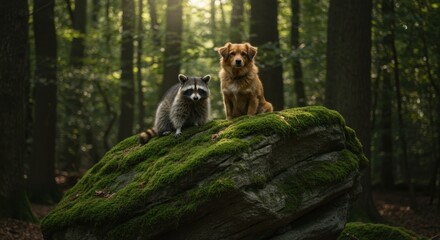 Obraz premium raccoon and dog | A raccoon and a dog perched on a moss-covered rock in a sunlit forest, surrounded by tall trees, showcasing a serene moment in nature