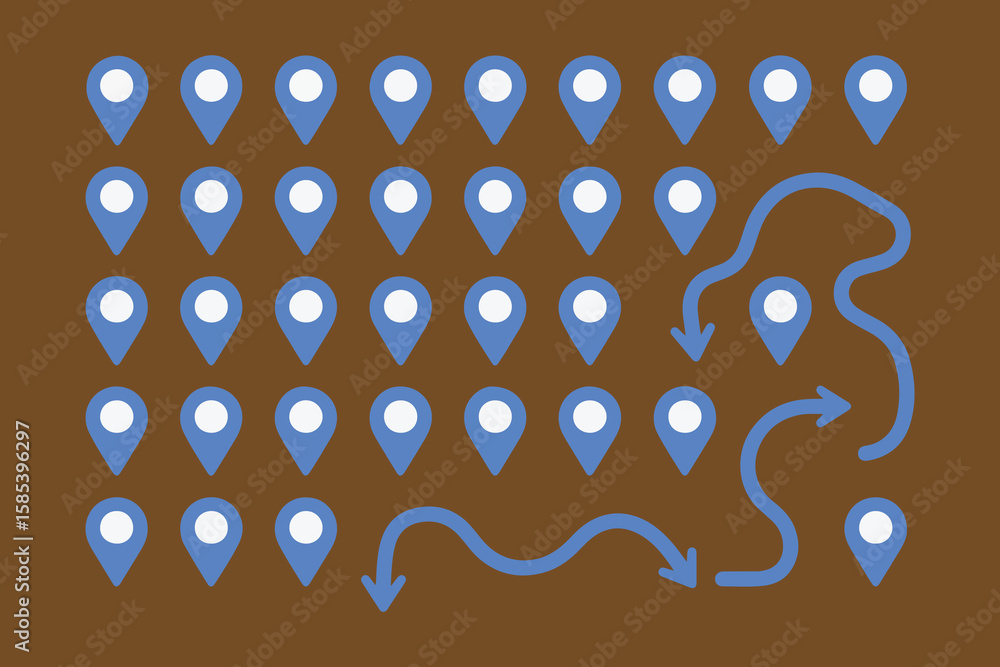 Poster abstract representation of a journey or path connecting multiple location pins with a winding blue l