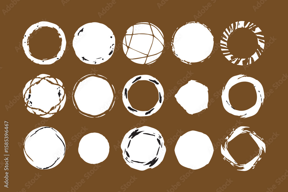 Poster collection of diverse white circular and ring shapes with rough textured edges and abstract designs 