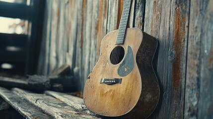Old guitar resting against weathered wooden wall