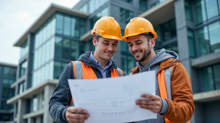 Two engineers or architects in safety helmets reviewing blueprints on construction site