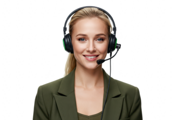 A smiling blond woman with a headset is ready to assist customers isolated on transparent background