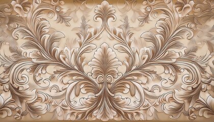 Elegant damask wallpaper with repeating ornate floral patterns and symmetrical layout in neutral beige and white tones