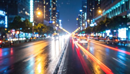 Naklejka premium Blurred City Street at Night With Rain