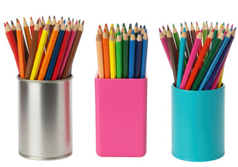 Fototapeta premium Three containers filled with colorful pencils isolated on transparent background, perfect for art, education, or creative design projects
