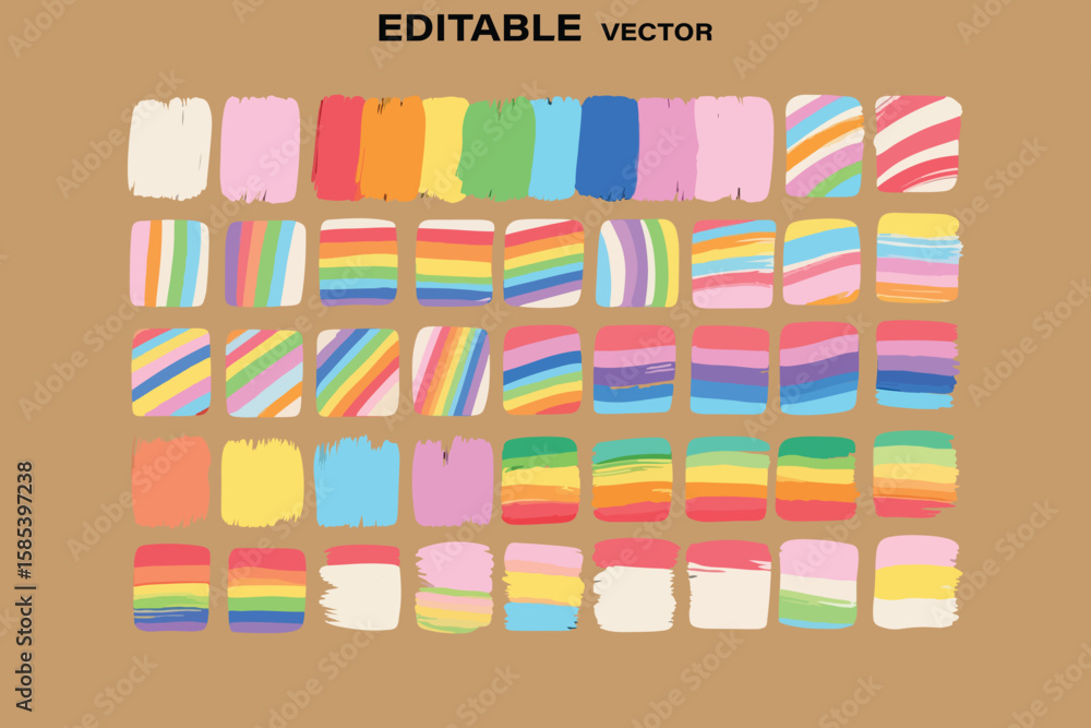 Poster collection of colorful abstract brush stroke squares and stripes in a grid pattern on a brown backgr