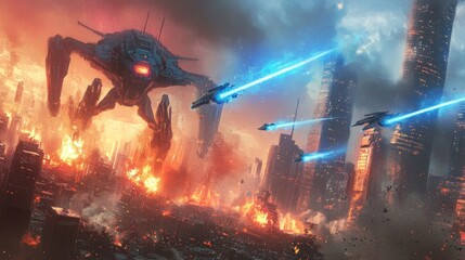 Futuristic city under attack by giant robot and spaceships