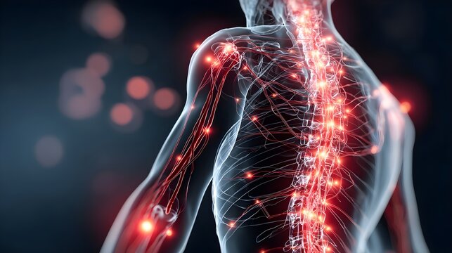 Human body with glowing red pain points on neural pathways illustrating pain or nerve stimulation, set against a dark blue background	