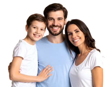 Happy family of three smiling at the camera, isolated transparent background.