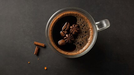 Fragrant Coffee Mug with Spices on Dark Surface From Above