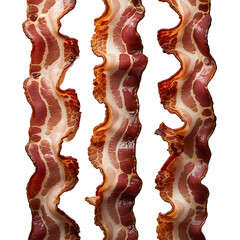 Raw bacon slices in staggered vertical formation with glossy fat and deep red meat texture, realistic food element on transparent background