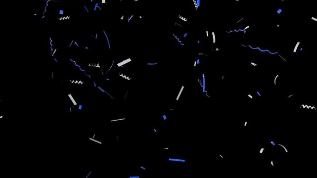 Confetti falling from above, party or celebration theme on black background