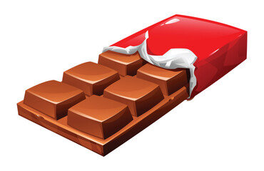 Red wrapper peeled back to reveal a perfect chocolate bar. Ready to be enjoyed as a sweet delight. Vector cartoon illustration
