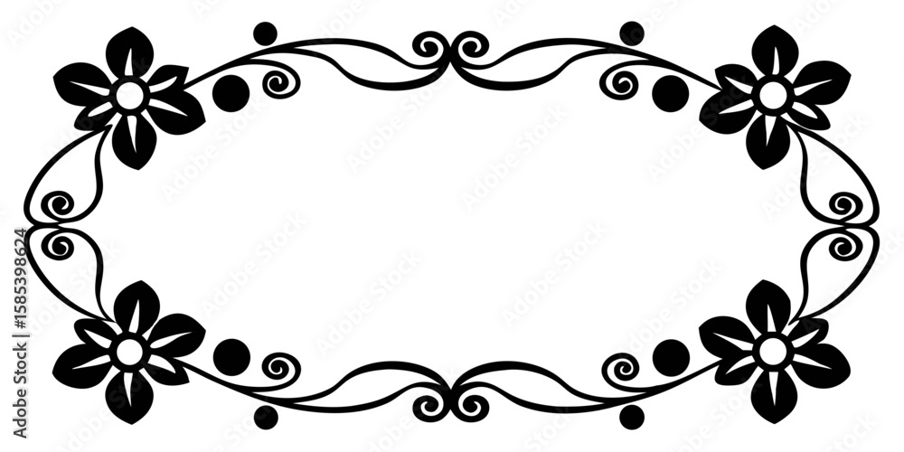 Poster a decorative black ink border showcases intricate floral designs intertwined with abstract patterns,