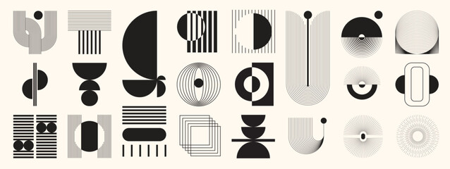 Abstract minimal element mid century vector set. Aesthetic contemporary stripe line art, vintage geometric shape in monochrome. Atomic age Art form design for wall art, decoration, wallpaper.