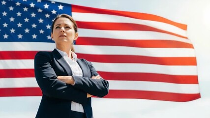 Confident Businesswoman Standing with American Flag in Background - Powered by Adobe
