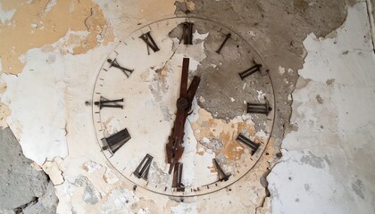 Broken Clock Face on Aged Wall Symbolic Stillness