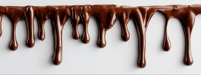 Melted dark chocolate dripping on white background