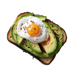 Avocado toast with sunny-side-up egg on dark toasted bread, close-up view of vibrant healthy breakfast isolated on transparent background