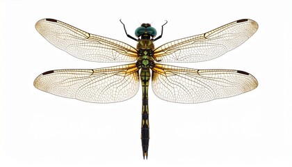 Generated image흰색 배경 위에 날개를 완전히 펼친 잠자리의 정면 대칭 구조를 고해상도로 표현. 반투명하고 정교한 맥이 보이는 날개, 금속성 초록빛의 몸통, 에메랄드빛의 큰 눈을 가진 잠자리. 과학 일러스트 또는 접사 사진 스타일, 선명한 초점