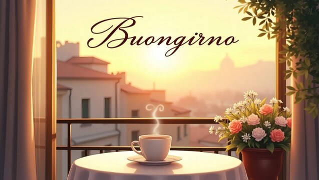 Sunny Morning Scene with Coffee on a Balcony Overlooking an Italian Town &ndash; Soft Golden Light, Flowers on the Table, Cozy and Peaceful Atmosphere, High-Resolution Illustration with &lsquo;Buongiorno&rsquo; Text in