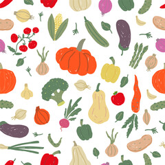 Hand drawn vegetables harvest seamless pattern. Wallpaper with of pumpkins, peppers, tomatoes, onions, broccoli, and corn. Farm and garden concept.