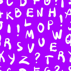 Hand drawn alphabet letters and punctuation symbols on purple background. Seamless typography pattern.
