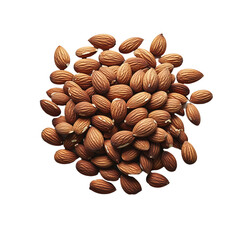 Organic almonds heap with vibrant green leaves and light brown natural texture, realistic food PNG with elevated view and white backdrop