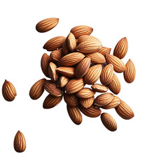 Tightly-packed conical almond pile with subtle texture and green almond leaves, isolated PNG image with soft lighting and pure white background