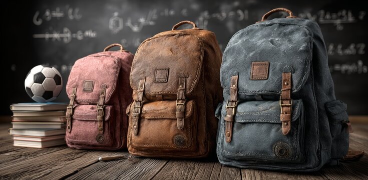 A backpack sits on a wooden floor next to a soccer ball and a chalkboard covered in equations. Concept of learning and preparation for school, as the backpack