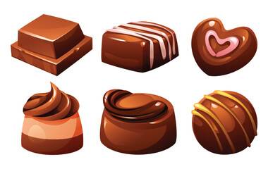 Collection of various individual chocolates including a square, striped, heart, and swirled designs. Delicious sweet treats. Vector cartoon illustration