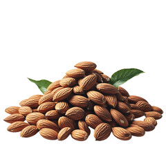 Realistic pile of raw almonds with green leaves isolated on white background, organic food concept with natural texture and clean presentation