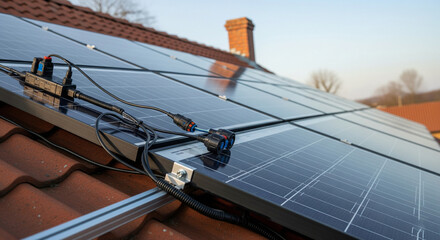 Illustration of closeup view of solar panels installed on tiled roof, with visible wiring and connections, capturing the essence of renewable energy technology
