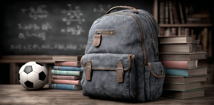 A backpack sits on a wooden floor next to a soccer ball and a chalkboard covered in equations. Concept of learning and preparation for school, as the backpack