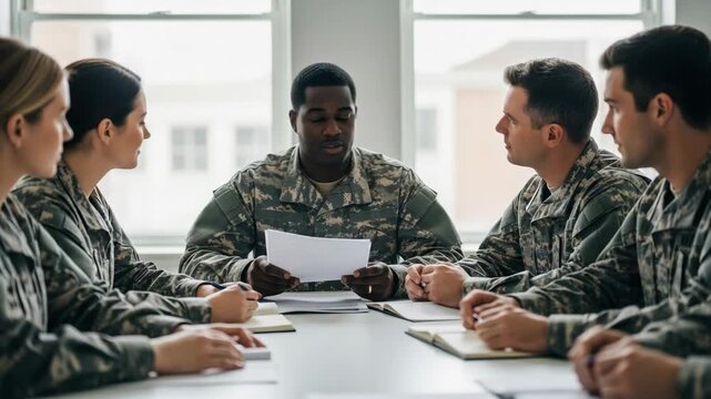 Group of Military Personnel Engaged in Discussion and Planning