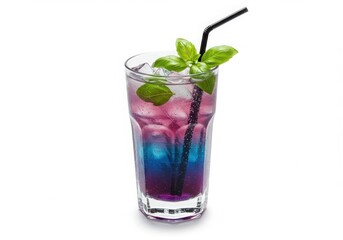 Vibrant layered cocktail with basil and ice cubes isolated on white background