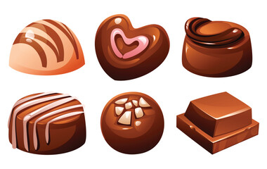 Various individual chocolates including round, heart, swirled, and striped designs. A delightful assortment of confectionery. Vector cartoon illustration