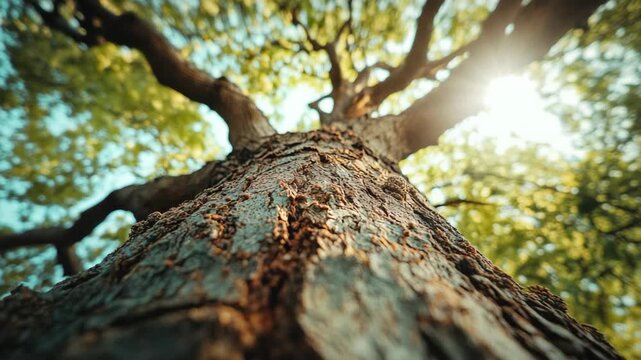 Close-up of a tree trunk with visible growth rings and sunlight filtering through the canopy.