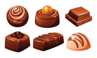 Collection of various individual gourmet chocolates, showcasing different shapes and toppings. Decadent and delicious treats. Vector cartoon illustration