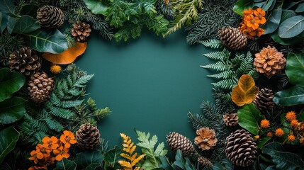 A vibrant arrangement of leaves, pine cones, and flowers creating a frame.